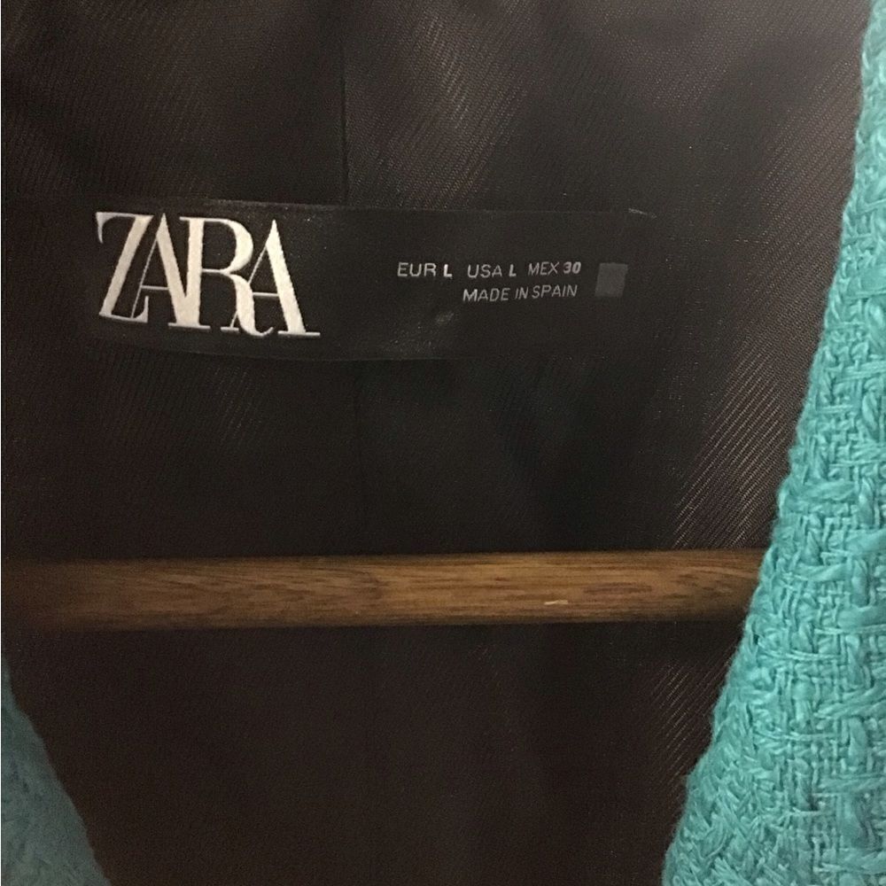 Zara Green Tweed Double Breast Blazer Size Large - Picture 3 of 7